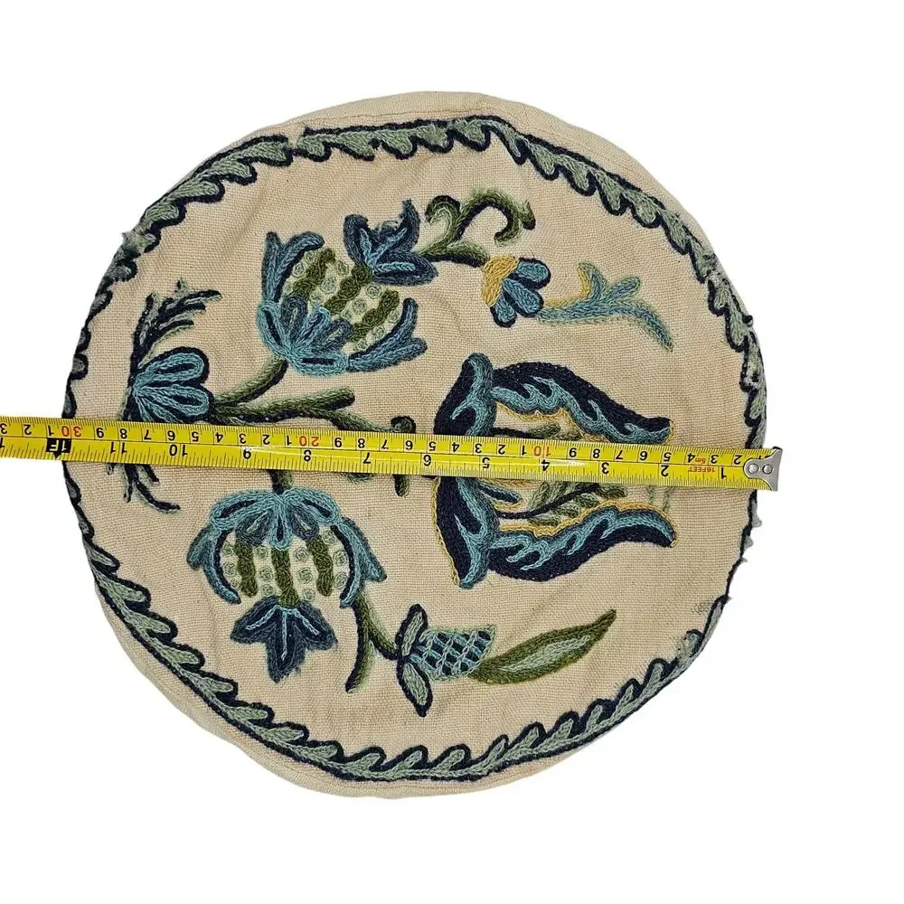 Vintage Crewel Embroidered Pillow Cover Round 12